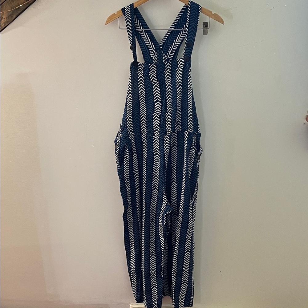 Sacred Threads blue and white chevron cropped overalls